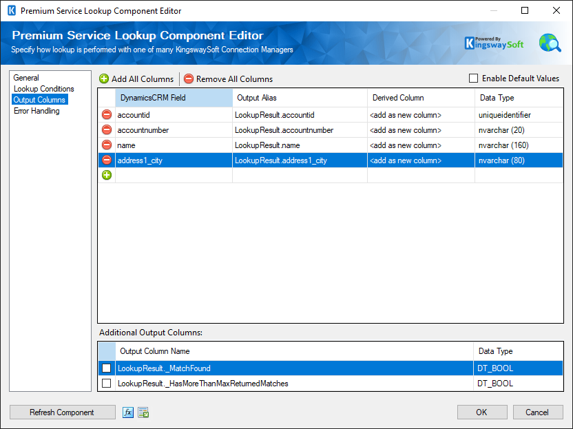 SSIS Premium Service Lookup Component - Output Columns